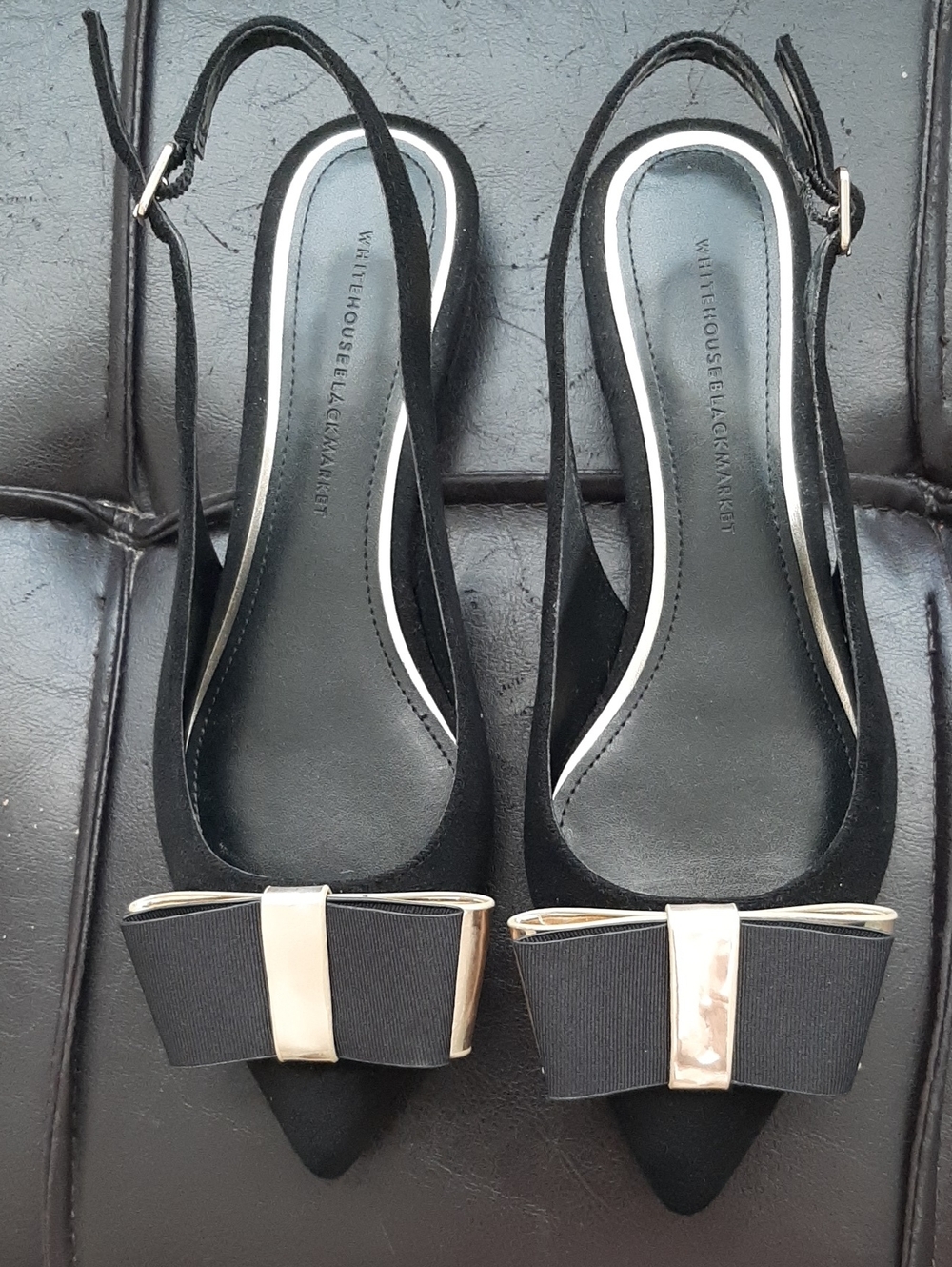 White House Black Market Black Pointed Toe Slingback Flats with Bow 6.5